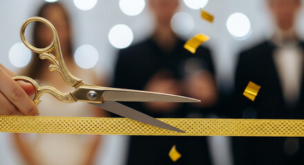 A golden pair of scissors cuts a decorative yellow ribbon during a formal opening ceremony, with confetti falling in the background.