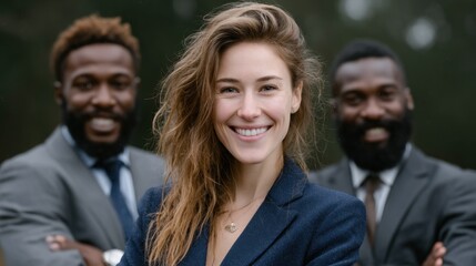 Three professionals stand together outdoors, with a woman at the front smiling confidently. Two men stand behind her, wearing suits and exuding camaraderie and professionalism