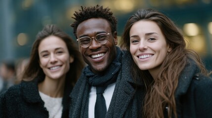 Three friends stand closely together, smiling brightly against a bustling city backdrop. Their joyful expressions reflect a moment of happiness and camaraderie under clear skies
