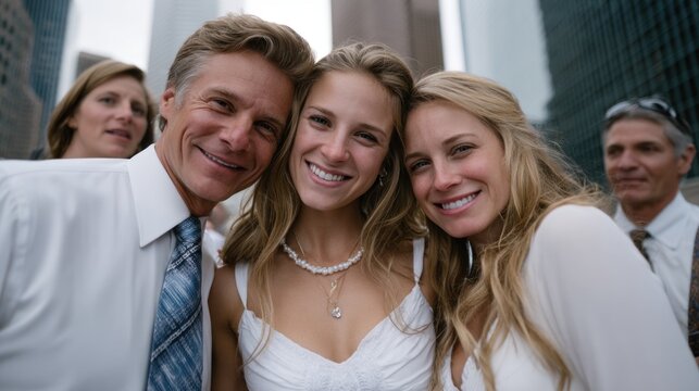 Two women and a man smile brightly while posing together in an urban environment, likely celebrating a wedding or reunion. Skyscrapers tower in the background, enhancing the lively atmosphere