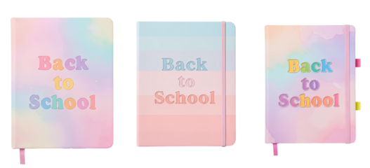Back to school notebook top view set PNG. Colorful and pastel grader's notebook with "Back to school" text for school and classroom supplies flat lay isolated. Fun paper notebook png