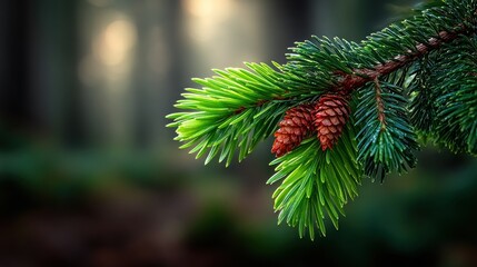 Dew drops glisten on a green pine branch adorned with small brown pinecones. background reveals a soft focus of trees in a mist-covered forest during early morning light