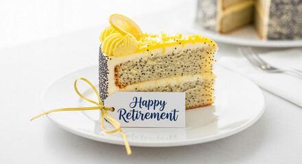 Lemon Poppy Seed Cake Slice with Happy Retirement Tag on White Plate