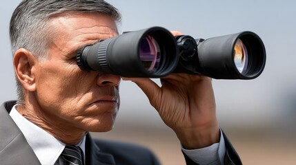 well-dressed man in a suit is intensely observing the surroundings through binoculars in an open outdoor setting on a clear daytime. His focused expression suggests careful scrutiny