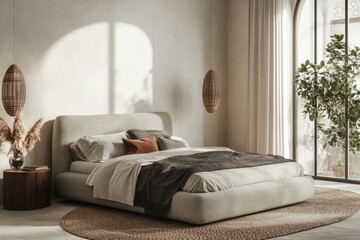 Modern bedroom with cozy natural decor and light