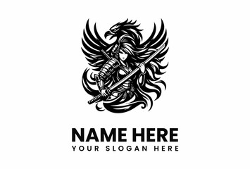 Powerful Female Samurai with Eagle Wings Logo Design.