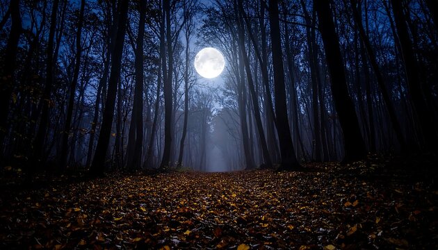 Misty forest path under the full moon