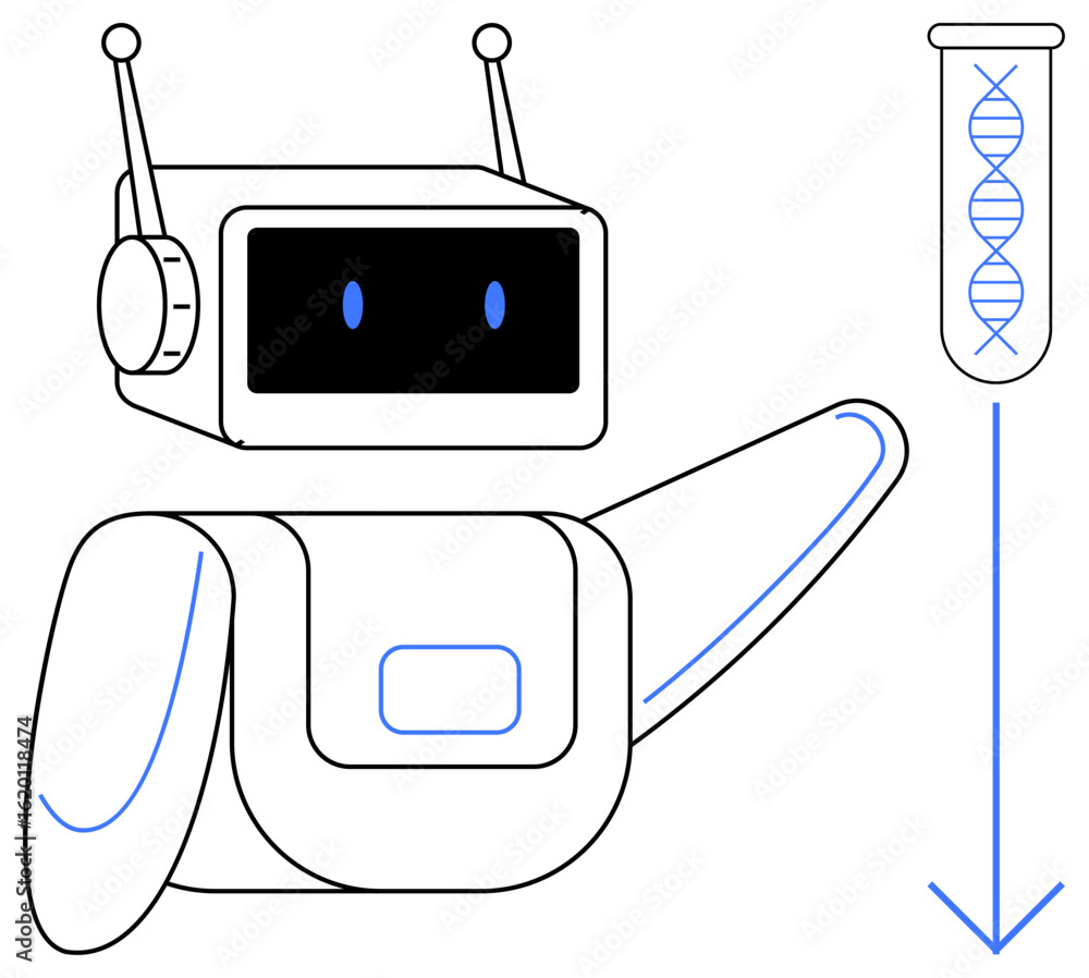 Aufkleber robot with mechanical arms directing attention to a dna strand inside a test tube. ideal for science