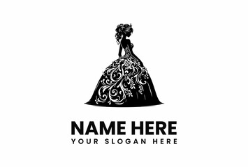 Silhouette of a crowned woman in a swirling floral gown side profile.