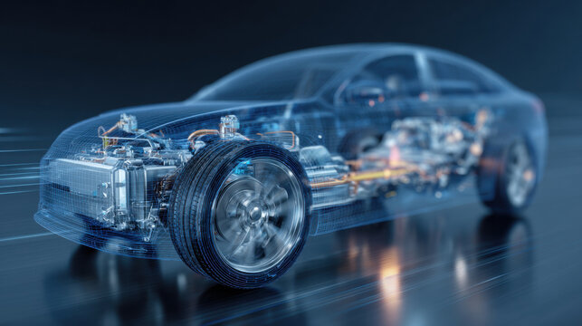 New energy vehicle, perspective structure, showing electric drive system, blue tone. 3d illustration.