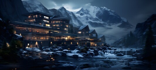 Mountain hotel building, human perspective effect, generative AI