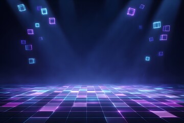 A black background with neon grid lines and glowing geometric shapes floating in the air, giving an abstract digital space effect.