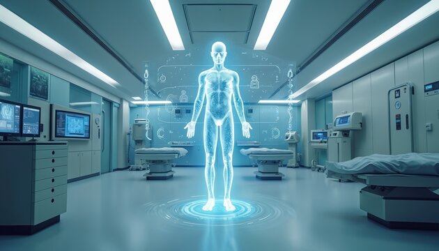 Futuristic operating room concept featuring digital human body scan. Advanced medical technology displays anatomical data, holographic interface. Modern hospital equipment supports diagnosis,