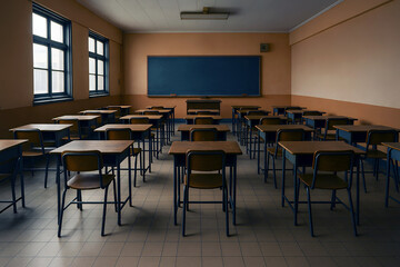 Old fashioned classroom with rows of vintage school desks and chalkboard under soft daylight from large windows