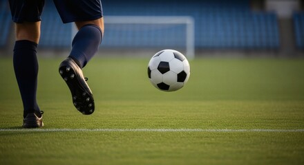 Fototapeta premium Dynamic Sport Close-Up Of Leg Kicking Soccer Ball On Field