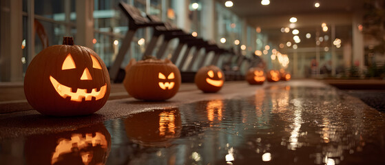 Fototapeta premium Jack-O'-Lanterns Decorate Gym Treadmills During Halloween Evening Workout