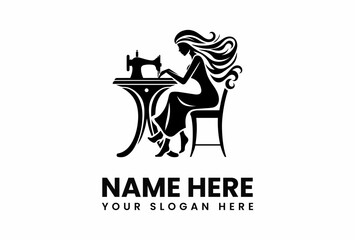 Silhouette of a Seamstress at Work with Flowing Hair and Sewing Machine.