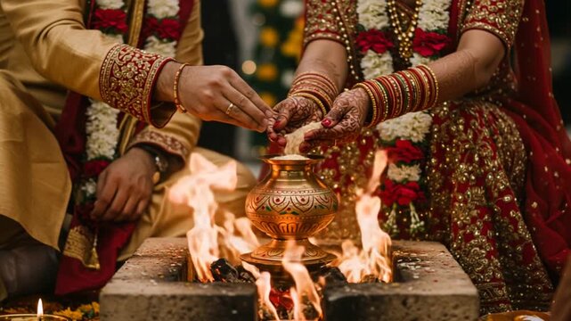 Couple Pouring Grain Into Fire During Ceremony at Wedding