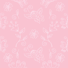 Seamless pattern with flowers and butterflies on a pink background.