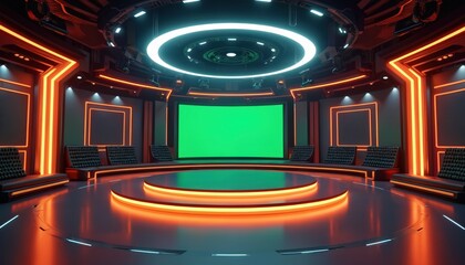 Futuristic virtual studio background with glowing neon lights, large green screen. Designed for online events, webinars, news shows, conferences, modern digital stage offers dynamic three-dimensional