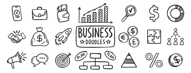 business doodle hand drawn icon set. Outline drawing business line clipart symbol collection