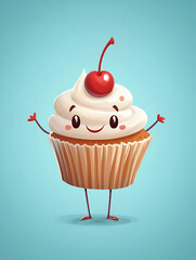 Cute cartoon cupcake character with smiling face, topped with whipped cream and cherry, standing cheerfully against a light blue background, embodying joy and sweetness in dessert design