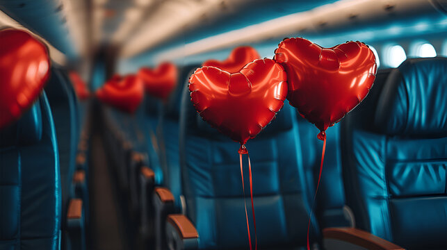 Red heart-shaped balloons are floating in an airplane cabin, surrounded by empty blue seats, creating a romantic atmosphere for travelers and enhancing the travel experience - Powered by Adobe