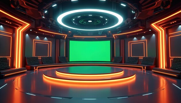 Futuristic virtual studio background with glowing neon lights, large green screen. Designed for online events, webinars, news shows, conferences, modern digital stage offers dynamic three-dimensional