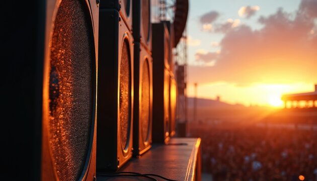 Large speaker cabinets on a stage with a sunset backdrop. Audience blurred in background. Sound equipment ready for music performance at summer festival, concert or party event.