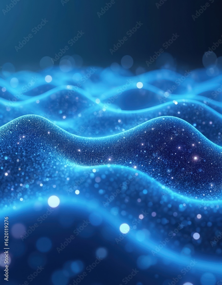 Poster abstract blue waves composed of digital particles create futuristic network background. data flow ex