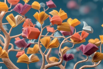 Books bloom like colorful leaves on a stylized tree