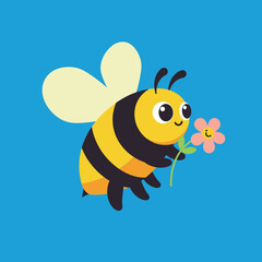 Cartoon bee with black stripes holds a pink flower set against a bright blue background