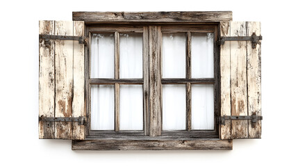 Rustic wooden window with open shutters, featuring white curtains, showcasing vintage charm and inviting natural light into a cozy interior space with a warm atmosphere