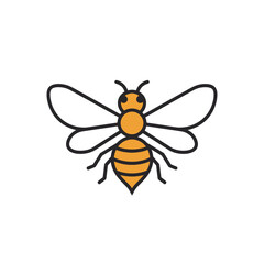 Cartoon bee with orange body black stripes and thin black outlines on a white background