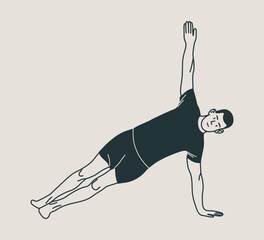Man doing Yoga, Pilates icon. Slim person. Hand drawn black outline Vector illustration. Side plank pose. Health care and lifestyle concept. 