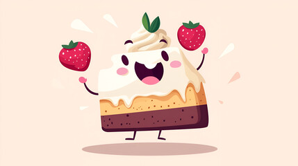 Cute cartoon dessert character, a slice of cake with whipped cream and strawberries, joyfully celebrating with a cheerful expression, perfect for children's illustrations and food-related designs