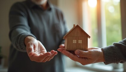 Senior man transfers wooden house model to younger hand symbolizing inheritance, property ownership, family legacy. Generational transfer of assets, real estate, home ownership, future security.