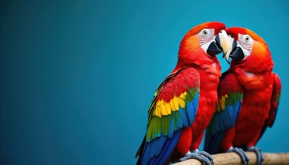 Fototapeta premium Two vibrant scarlet macaws perch together against striking blue background. Brilliant red, yellow, blue feathers create stunning visual contrast. Exotic birds with strong beaks, intelligent eyes