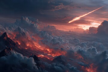 Meteorite streaks across a fiery sky above a volcanic landscape, reminiscent of a time when dinosaurs roamed the Earth and celestial events shaped their fate