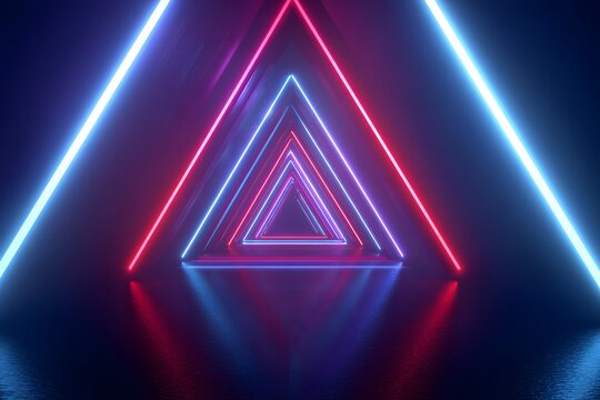 3D render, abstract neon background with glowing triangles in blue and pink colors. Futuristic light lines on a dark background