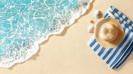 Obraz premium Top View Summer Beach Background with Straw Hat, Shells, and Towel by the Sea