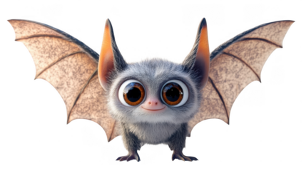A charming cartoon bat with big expressive eyes and detailed wings radiates joy and curiosity