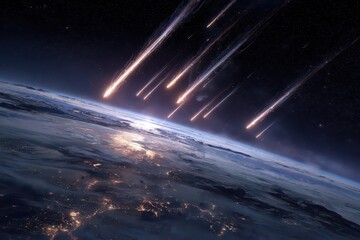 Multiple meteors illuminate Earth's atmosphere as they streak down towards the surface, capturing the awe of humanity in a modern-day celestial display