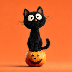 Fototapeta premium Cute black cat sitting on a jack-o'-lantern.