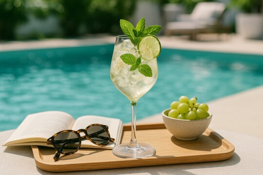 A refreshing elderflower Hugo Spritz cocktail with mint and lime sits on a tray next to a pool. Sunglasses and open book