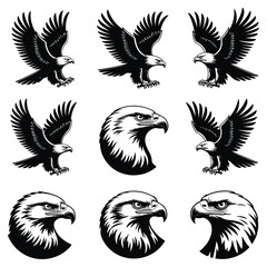 Fototapeta premium Vector set of majestic eagle icons. Black and white illustrations of a bird of prey for logos, heraldry, and team mascots.