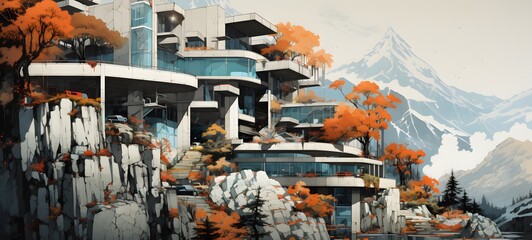 Mountain hotel building, human perspective effect, generative AI