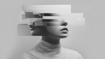 masked figure with misaligned facial layers and mirrored distortions