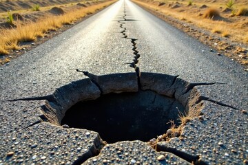 A Deep Crater in a Sun-Drenched Asphalt Road Reveals the Underlying Earth