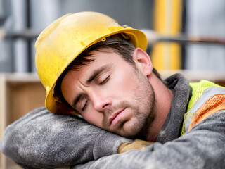 Construction worker resting with yellow hard hat on, leaning on arms, wearing safety gear, showcasing fatigue and dedication in a busy construction site environment